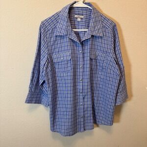 Croft & Barrow Women's Blue Plaid Button Down Shirt Size L 3/4 Sleeve Casual